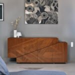 Modern Teak Wood Sideboard Cabinet with Geometric Design - Walnut Finish