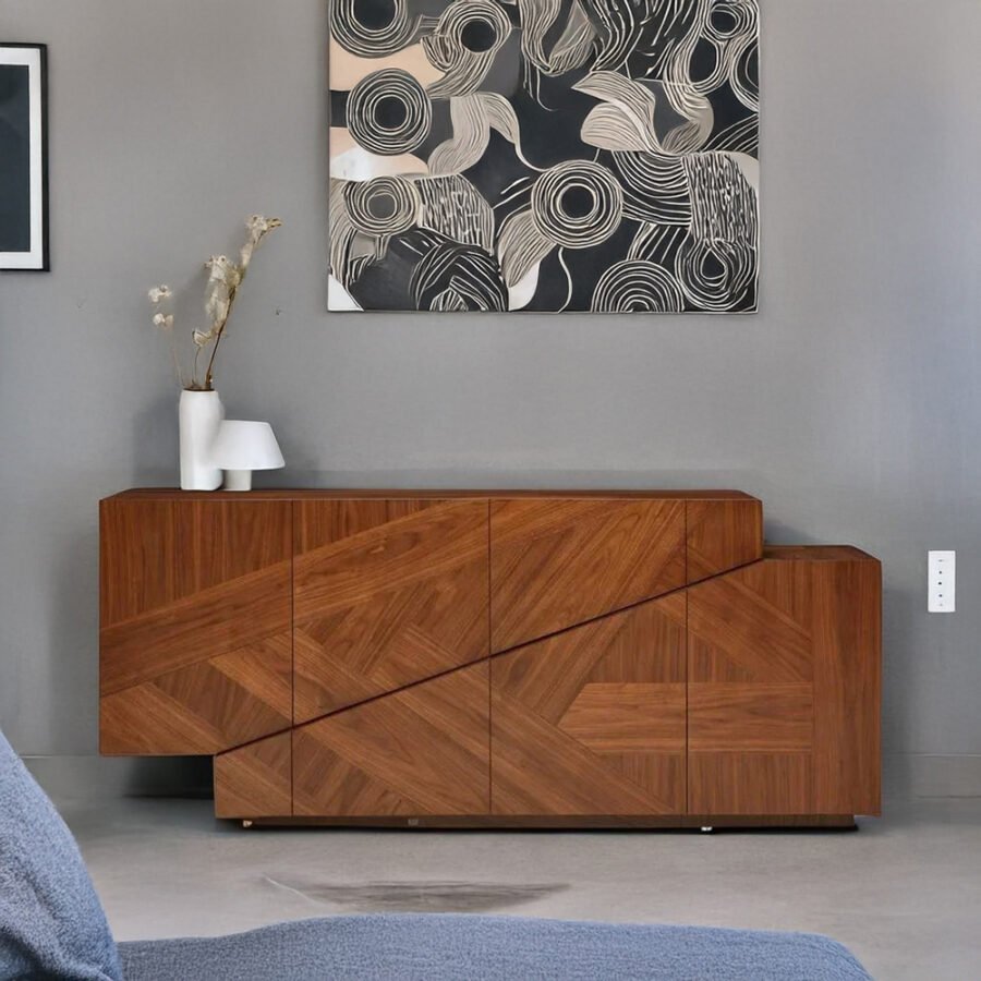 Modern Teak Wood Sideboard Cabinet with Geometric Design - Walnut Finish