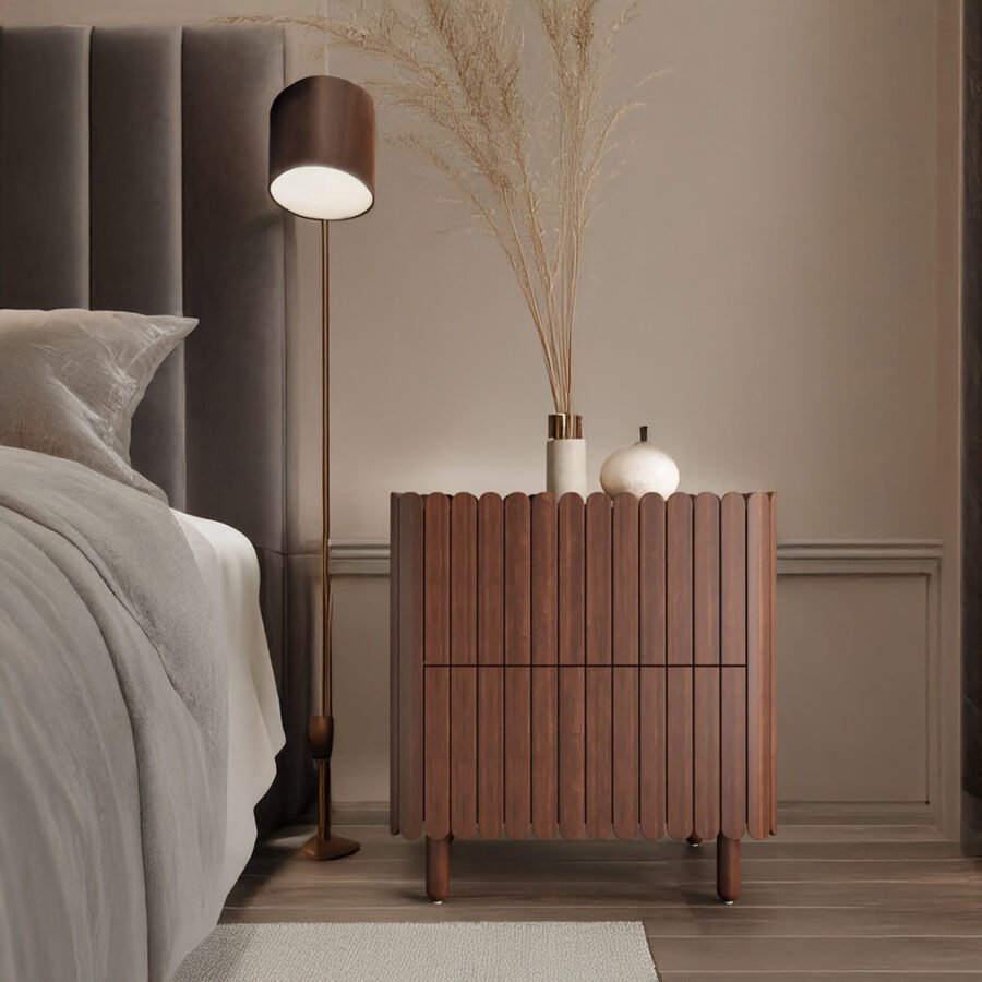 Slatted Acacia Wood Bedside Table | Modern Walnut Nightstand