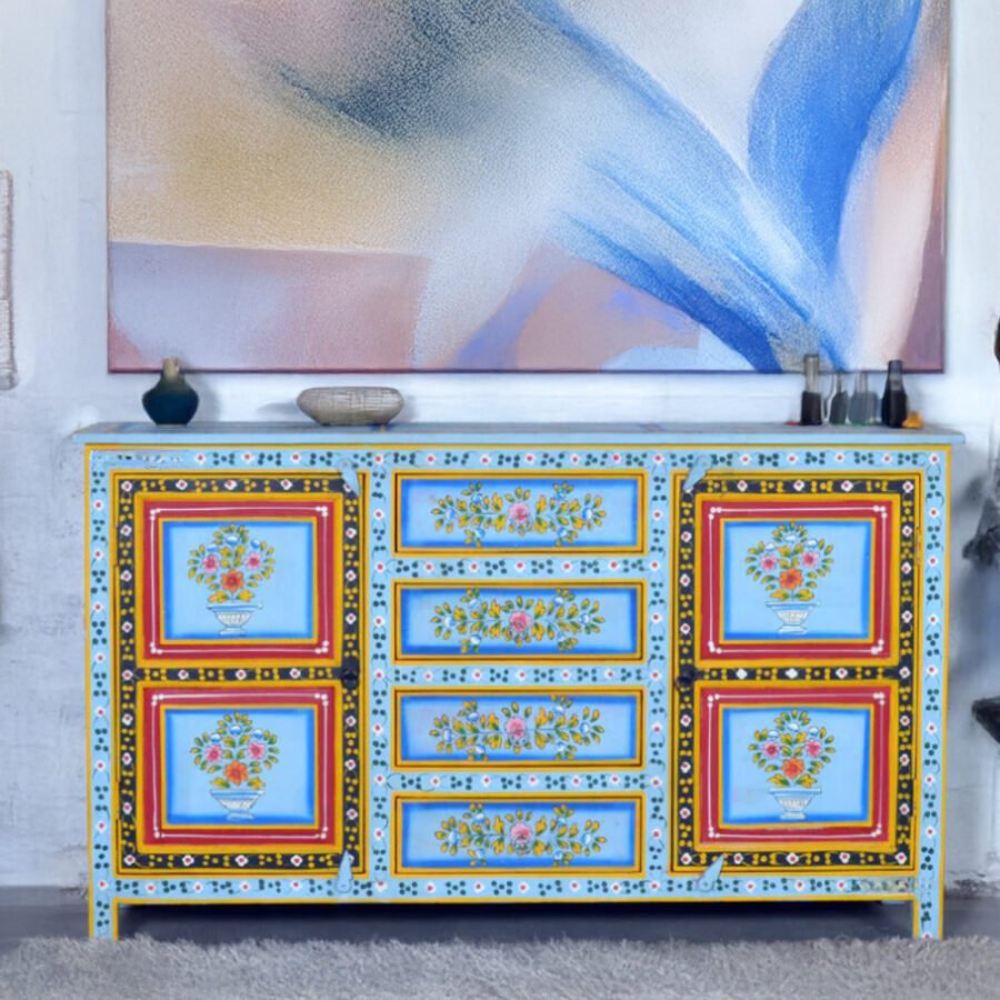 Hand Painted Solid Wood Sideboard | Multicolor Floral Storage Cabinet