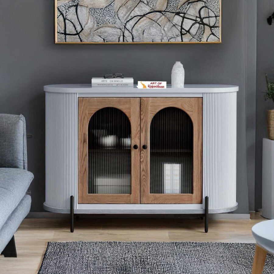 Mango Wood 2 Glass Door Cabinet | Grey Finish Storage Unit