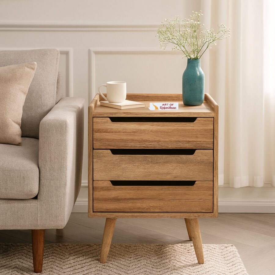 Mango Wood Bedside Table with 3 Drawers | Modern Nightstand