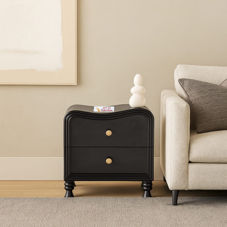 Solid Wood Bedside Table - Black Curved | Modern Nightstand