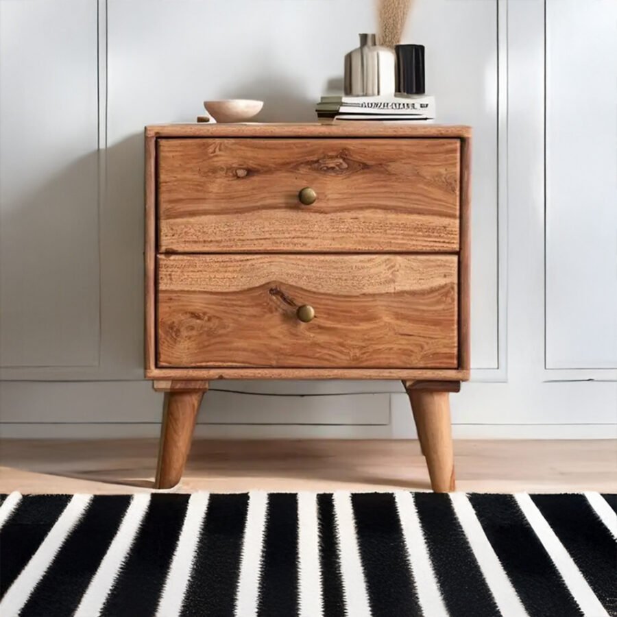 Sheesham Wood 2 Drawer Bedside Table - Modern Storage Nightstand