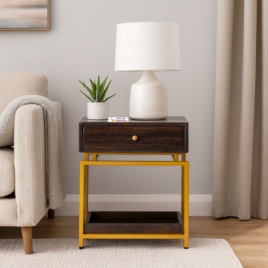 Sheesham Wood Bedside Table with Drawer & Shelf – Modern Nightstand