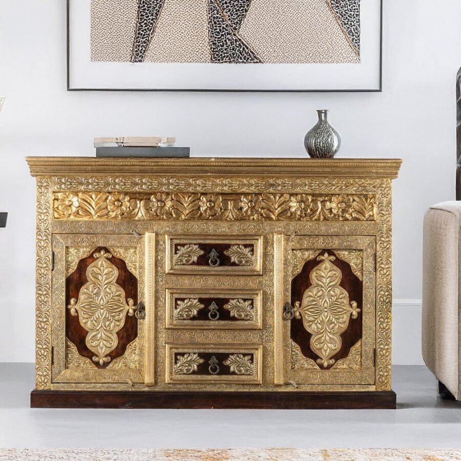 Teak Wooden Brass Fitted Sideboard – Handcrafted Luxury