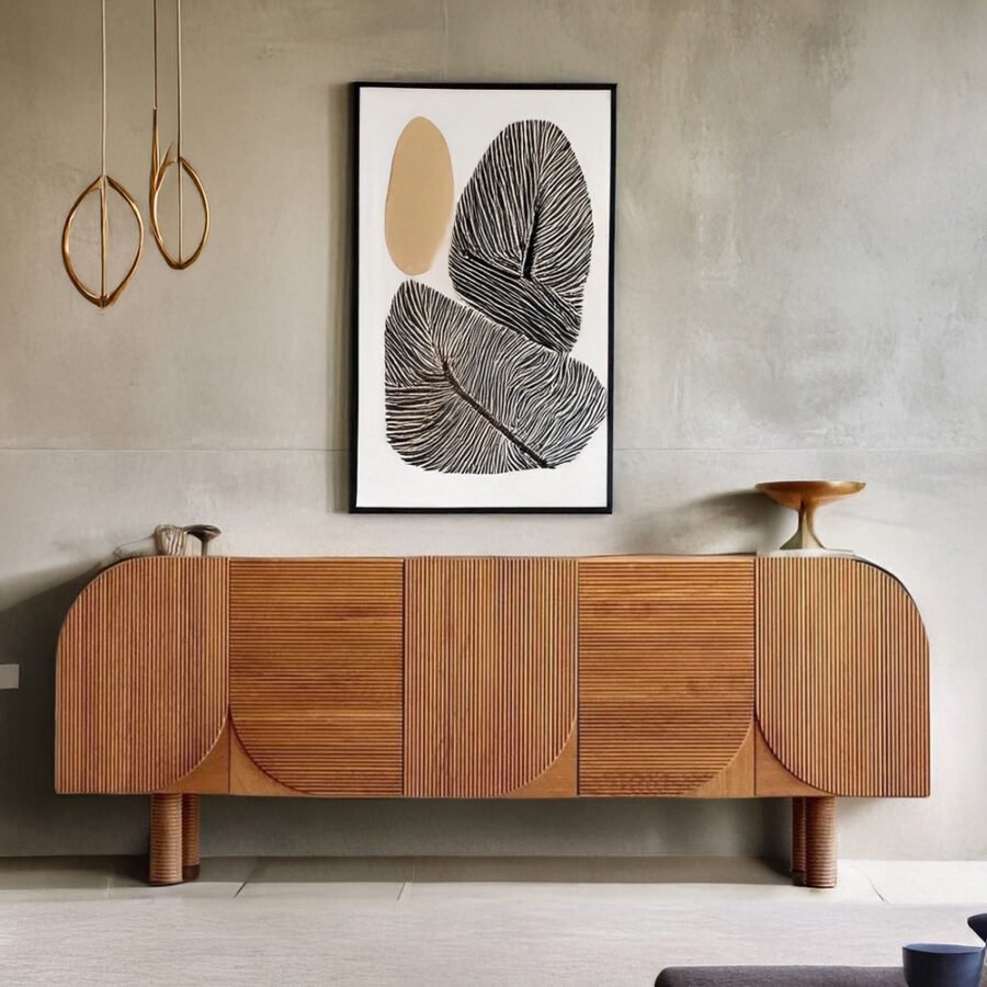 Mango Wood Arced Sideboard | Oak Finish Modern Cabinet