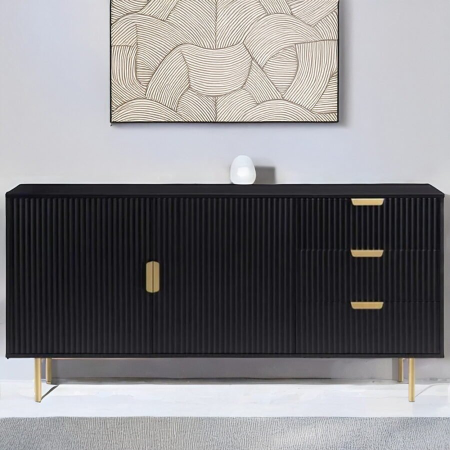 Modern Black Wooden Fluted Sideboard with Gold Handles | Luxury Storage Cabinet