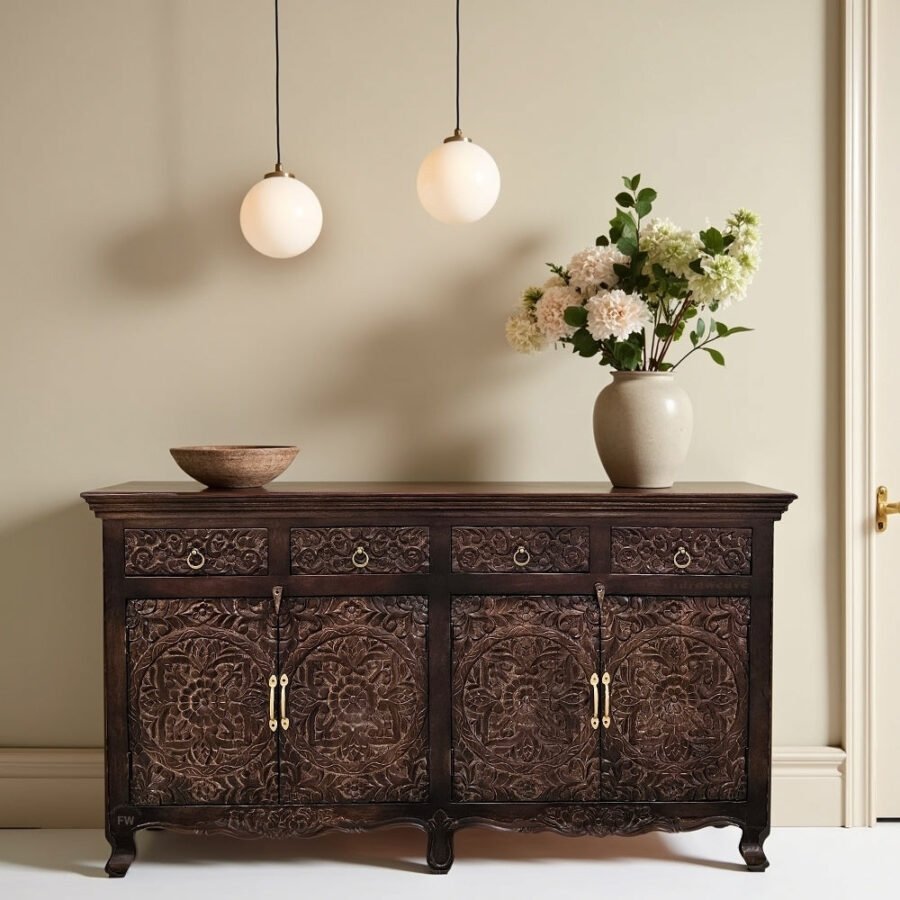 Hand Carved Mango Wood Sideboard | Walnut Finish Cabinet
