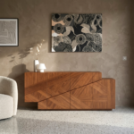 Modern Teak Wood Sideboard Cabinet with Geometric Design - Walnut Finish