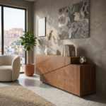 Modern Teak Wood Sideboard Cabinet with Geometric Design - Walnut Finish - Image 2