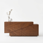 Modern Teak Wood Sideboard Cabinet with Geometric Design - Walnut Finish - Image 3
