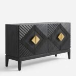 Black  Mango Wooden Carved Sideboard with Geometric Gold Accents | Modern Storage Cabinet - Image 2