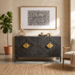 Black  Mango Wooden Carved Sideboard with Geometric Gold Accents | Modern Storage Cabinet