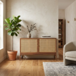 Acacia Wooden  2 Door Rattan Sideboard - Modern Cane Storage Unit