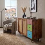 Multicolor Mango Wood Sideboard with Cane 2 Doors – Modern Storage - Image 3