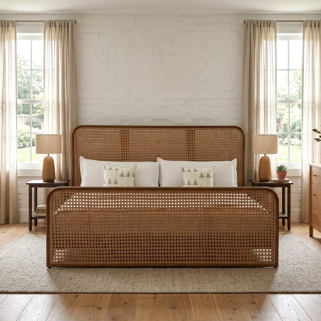 01 (2) Solid Wood Cane Bed – Natural Finish | Handwoven Rattan Headboard & Footboard - Image 1