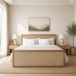 Solid Teak Wood Rattan Bed with Storage Drawers – Natural Finish