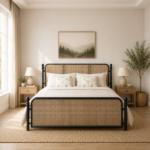 Solid Wood Cane Bed – Black Finish | Modern Rattan King & Queen Bed