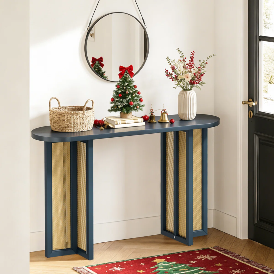 Solid Wood Cane Console Table - Teal Blue Finish