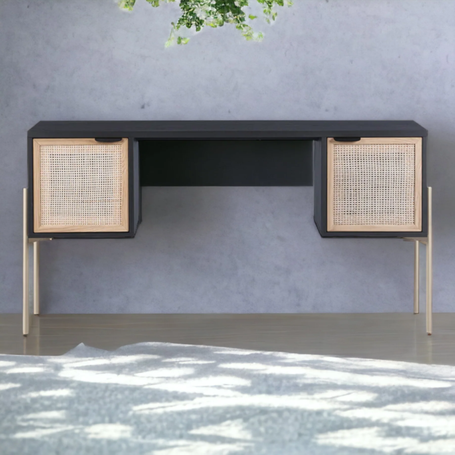 Mango Wood Rattan Console Table – 2 Drawer Black Finish