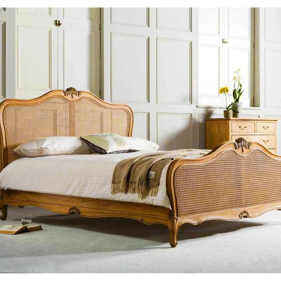Teak Wood Carved Cane Bed in Natural Finish | Handcrafted Solid Wood Bed