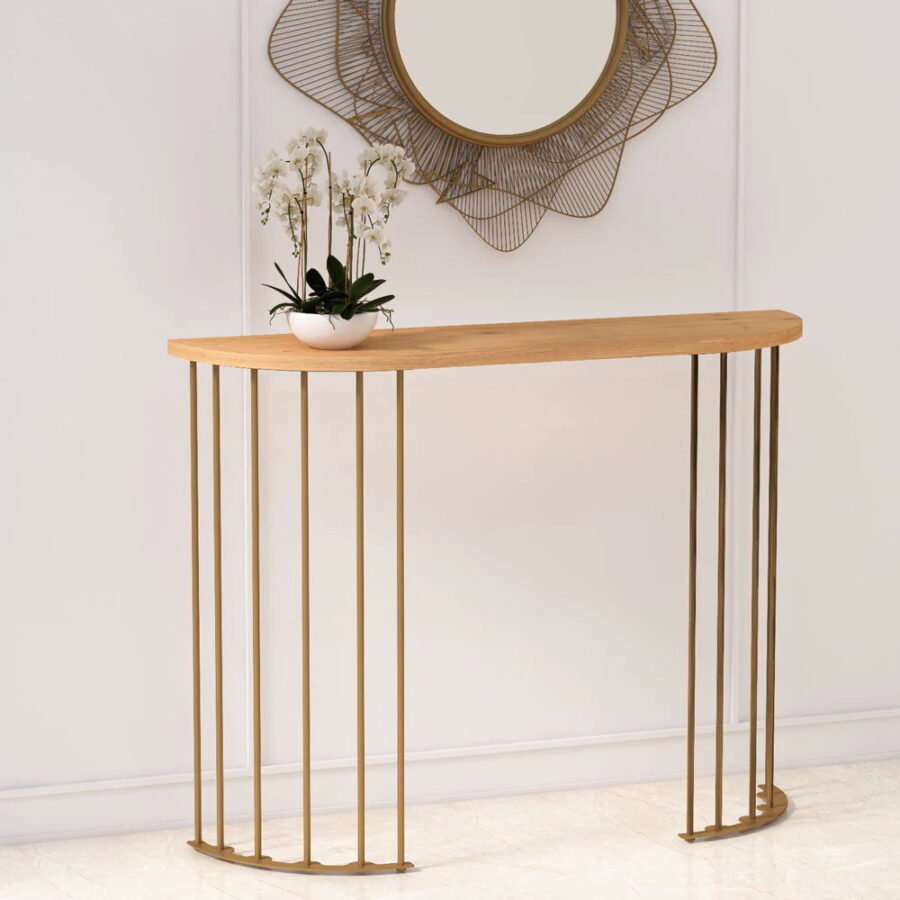 Oak Wood Console Table with Gold Metal Stand | Modern Entryway Table
