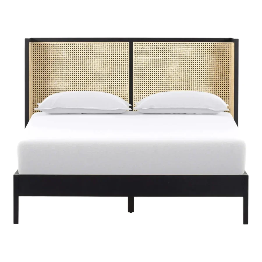 Teak Wood Rattan Bed Black Finish | Solid Cane Bed Frame