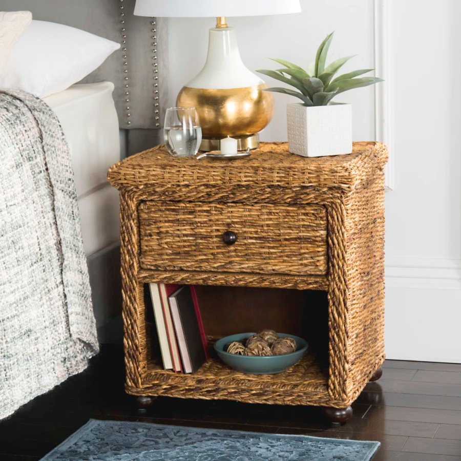Rattan Bedside Table with Drawer & Open Shelf – Natural Woven Finish