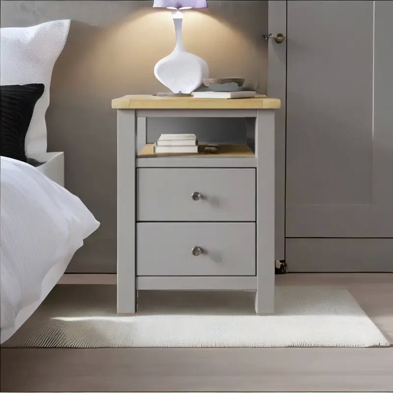 Solid Wood 2 Drawer Bedside Table | Grey Nightstand