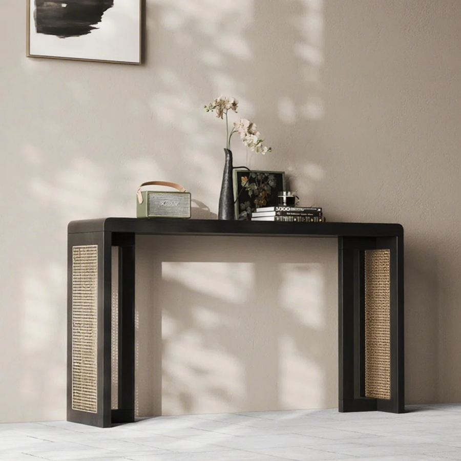 Solid Wood Cane Console Table - Black Finish