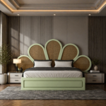 Solid Wood Cane Bed Peacock Fan Headboard - Teal Green - Image 8