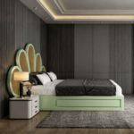 Solid Wood Cane Bed Peacock Fan Headboard - Teal Green - Image 2
