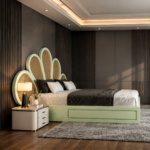 Solid Wood Cane Bed Peacock Fan Headboard - Teal Green - Image 4