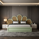 Solid Wood Cane Bed Peacock Fan Headboard - Teal Green - Image 5