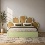 Solid Wood Cane Bed Peacock Fan Headboard - Teal Green - Image 6