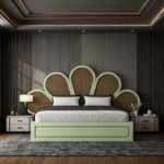 Solid Wood Cane Bed Peacock Fan Headboard - Teal Green