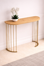 Oak Wood Console Table with Gold Metal Stand | Modern Entryway Table