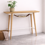 Oak Wood Entryway Console Table with Fabric Sling Shelf