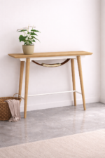 Oak Wood Entryway Console Table with Fabric Sling Shelf