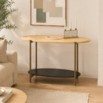 Oak Wood Entryway Console Table – Curved Shape with Open Shelf