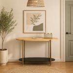 Oak Wood Entryway Console Table – Curved Shape with Open Shelf - Image 2