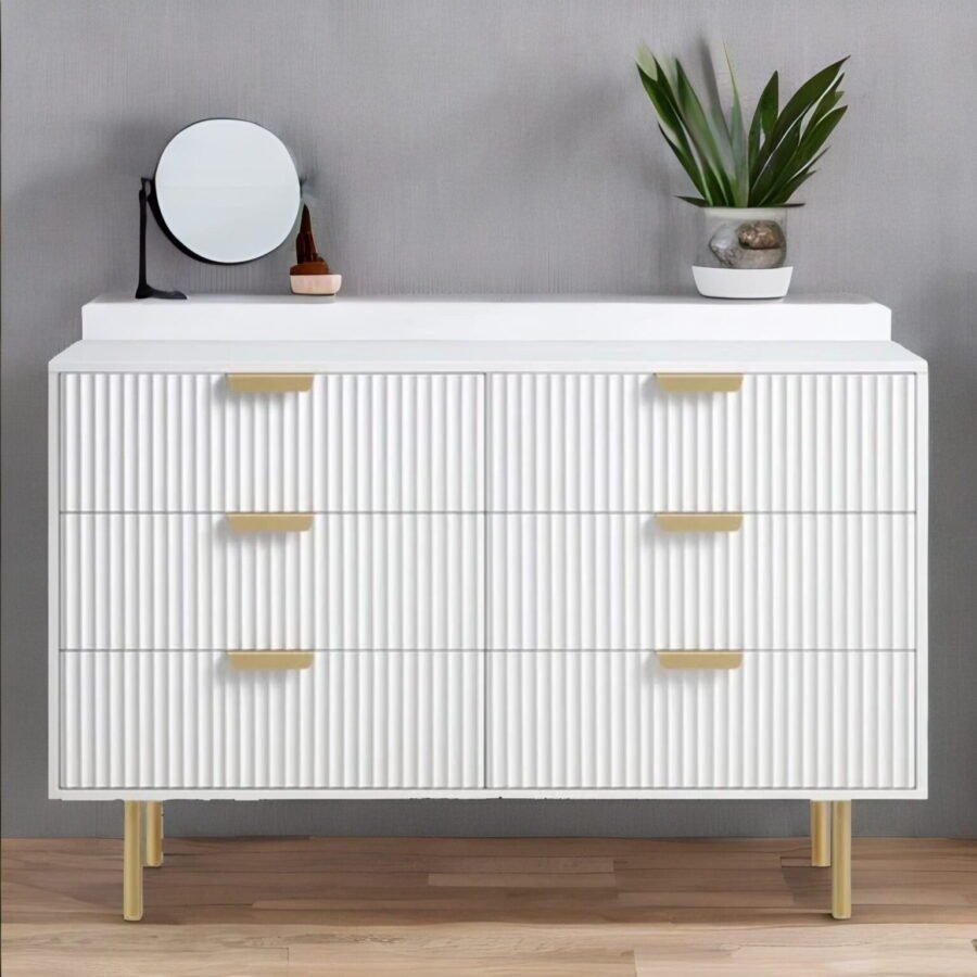 Solid Wood Chest of Drawers with Metal Legs | White Storage Cabinet