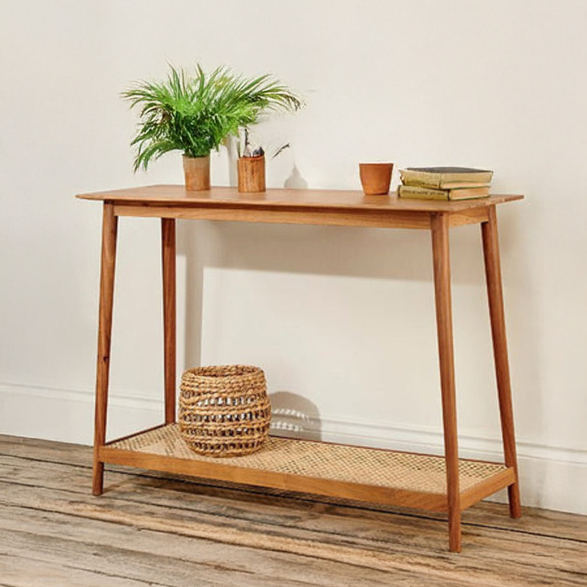 Sheesham Wood Console Table with Cane Woven Open Shelf