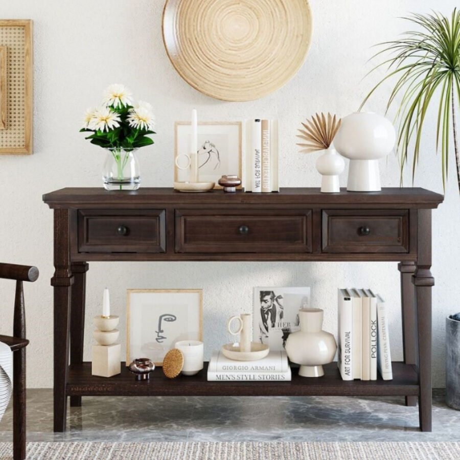 Mango Wood Console Table with 3 Drawers – Walnut Finish