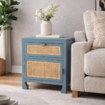 Solid Wood Cane Bedside Table with Drawer & Door