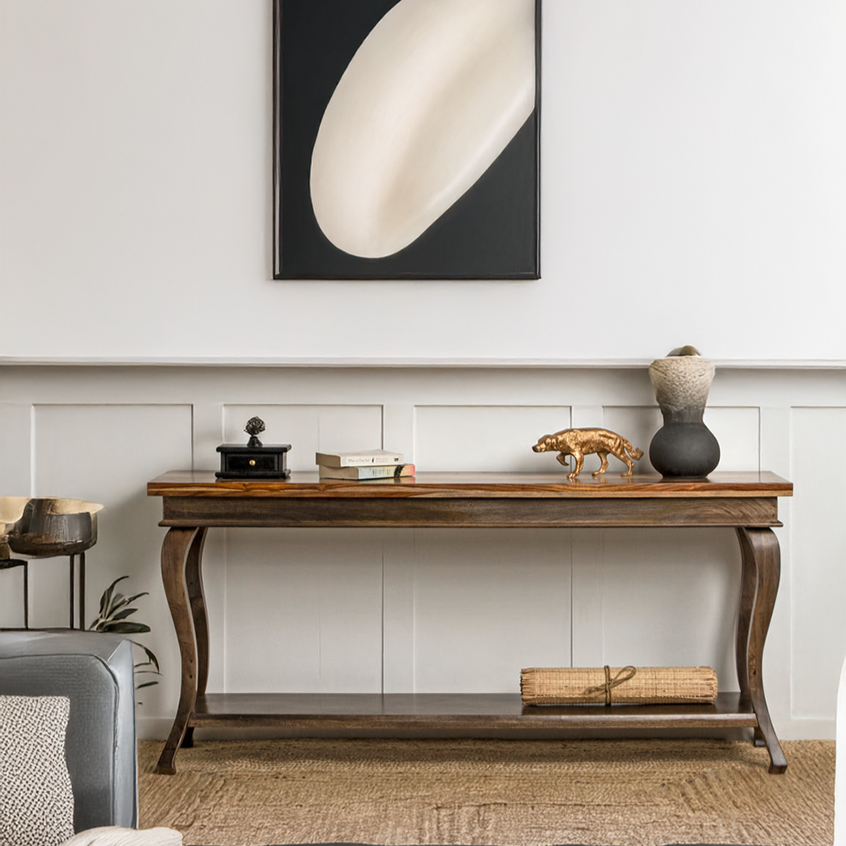 Sheesham Wood Console Table with Curved Legs & Open Shelf