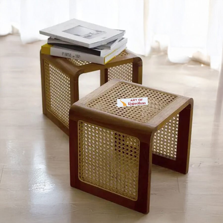 Solid Wood Rattan Bedside Table – U Shape Design