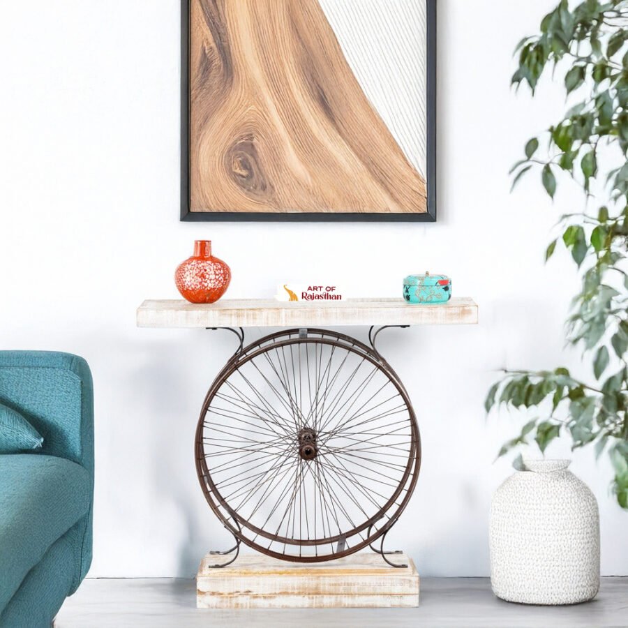 Mango Wood Wheel Console Table – Industrial White Distress