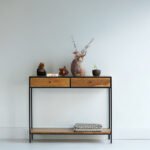 Sheesham Wood Entryway Console Table with 2 Drawers & Open Shelf